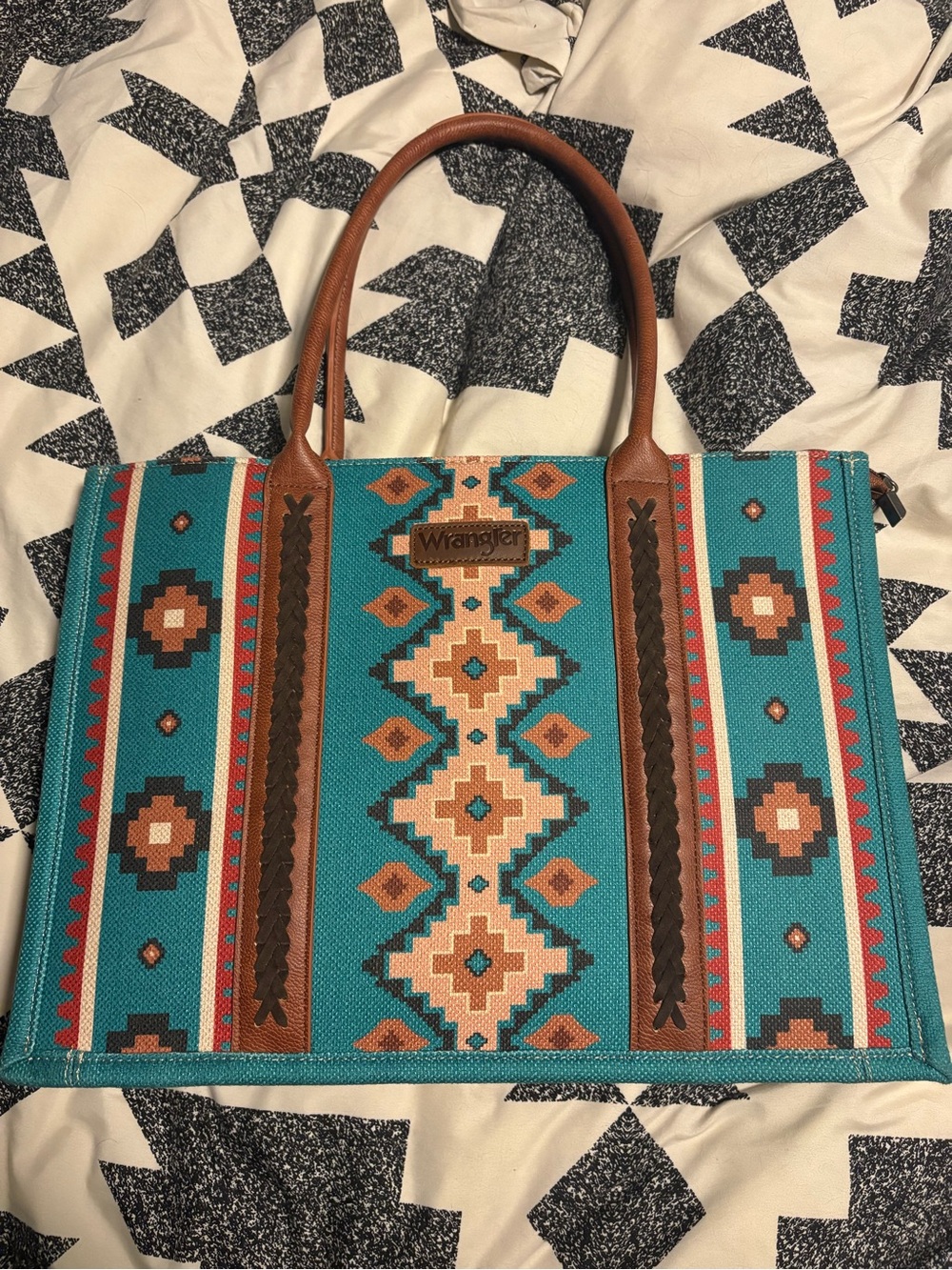 Wrangler Turquoise Tote with Brown Accents and Southwestern Pattern
